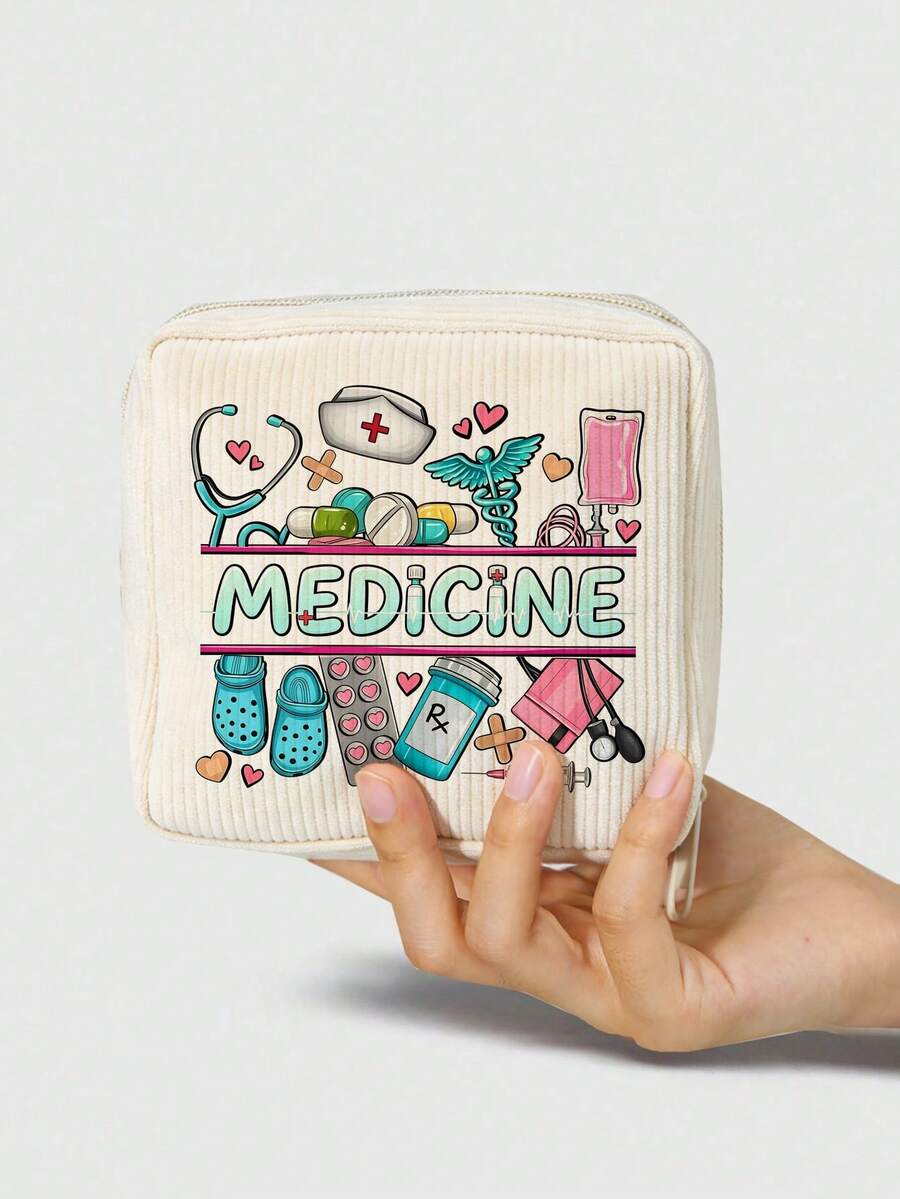 「Medicine」圖案印花便攜收納袋 藥盒急救包 化妝包零錢包，適合日常使用/戶外/旅行，方便收納、化妝品、手機等小物品，旅行必備，聖誕禮物，個性化禮物袋，教師節禮物，小禮物交換，房間裝飾 - 彩色 - 查看 1