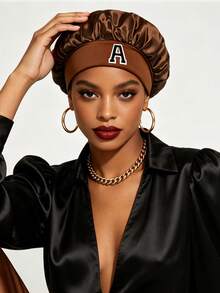 1pc Women's Glossy Satin A-Z Letter Hair Bonnet, Skin-Friendly & Breathable, Suitable For Daily Hair Washing/Home Care/Night Sleep/Year-Round Use - Coffee Brown - View 2