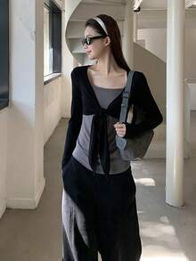 Kaos Lengan Panjang Wanita Baru Musim Semi, Abu-abu, Bahu Kotak, Desain Seksi, 2 in 1, Atasan Slim Fit - Warna gambar - View 8