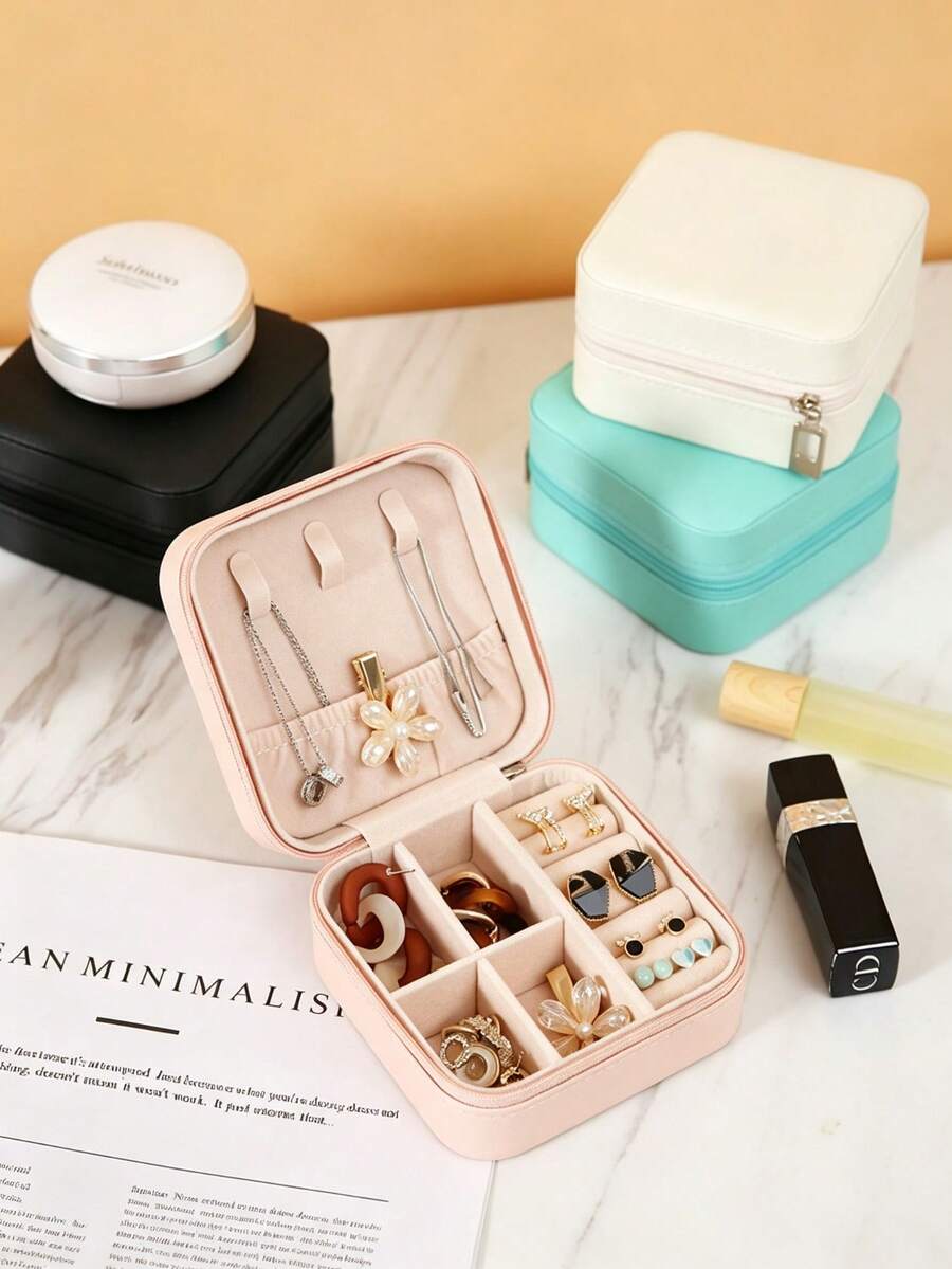 1 pièce Boîte à bijoux en PU LETURE, boîte de rangement portable de voyage pour bague, pendentif, boucle d'oreille, collier, bracelet - Multicolore - Voir 1
