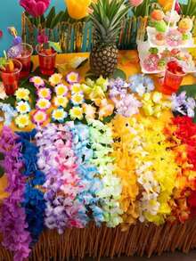 1/2/5/10/15/20/25/30/35/40/45/50/55pcs Hawaiian Flower Garland Necklace Tropical Hawaiian Theme Party Favors Headpiece Holiday Wedding Beach Birthday Decorations Party Supplies Flower Garland Headpiece Holiday Wedding Beach Birthday Decorations (Random Color) - Multicolor - View 2