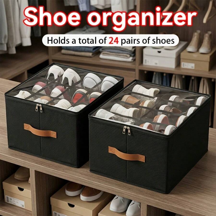 2pcs Closet Shoe Storage Set, Includes 1 Large Shoe Storage Box With Clear Lid And Reinforced Handle, 1 Foldable Storage Box For Boots, High Heels, Sneakers, Flats, Perfect Home Organization Solution