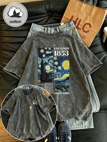 梵谷「星夜」藝術印花復古短袖T恤，梵谷1853復古風圓領休閒夏季黑色T恤 - 黑色 - 查看 9