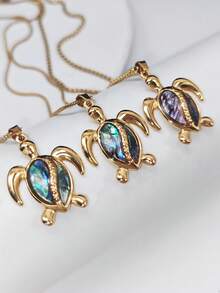 1pc Marine Life Series Stainless Steel Shell Inlaid Turtle Pendant 18K Women's Clavicle Necklace - Multicolor - View 2