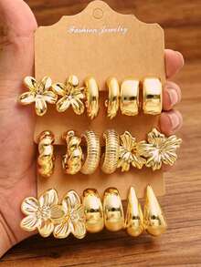 18pcs/6pcs Fashion Elegant Unique Flower C-Shaped Earrings Suitable For Women's Daily Wear, Dating, Party, Everyday Matching, Gold Earring Set - Gold - View 6
