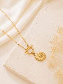 1pc 18K Gold Plated Golden Stainless Steel Conch Shell Design OT Clasp Checkered Necklace - Multicolor - View 8