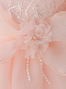 Young Girls Puff Sleeve Faux Pearl Rhinestone Sequin Embroidered 3D Flower Satin Starry Tulle Flower Girl Dress, Headband Not Included - Baby Pink - View 9