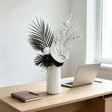 Modern Minimalist Artificial Flower Arrangement, Black Palm Silver Leaf Fake Anthurium White Rose Hydrangea Simulation Florals(Vase Not Included) - Black - View 1