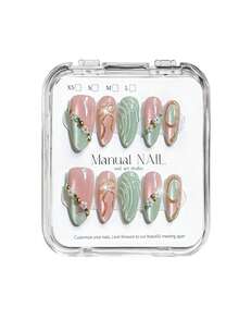 10pcs Pink Green Cat Eye Ombre Fake Nails With 3D Gold Bow, Small Flower Bead Inlay, Water Ripple Texture Press On Nails,Reusable Almond Shaped False Nails For Summer Wedding Daily Manicure - Multicolor - View 6