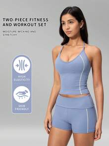 MFVIM Women's New Fashion Yoga Outfit Set, Halter V-Neck Waist-Flattering Slimming Contrast Color Sports Set, Versatile Soft Skin-Friendly Fabric Casual Running Tight Yoga Workout Clothes, Suitable For Daily Commute, Outdoor, Sports, Travel, City Stroll And Various Occasions - Aqua Blue - View 3
