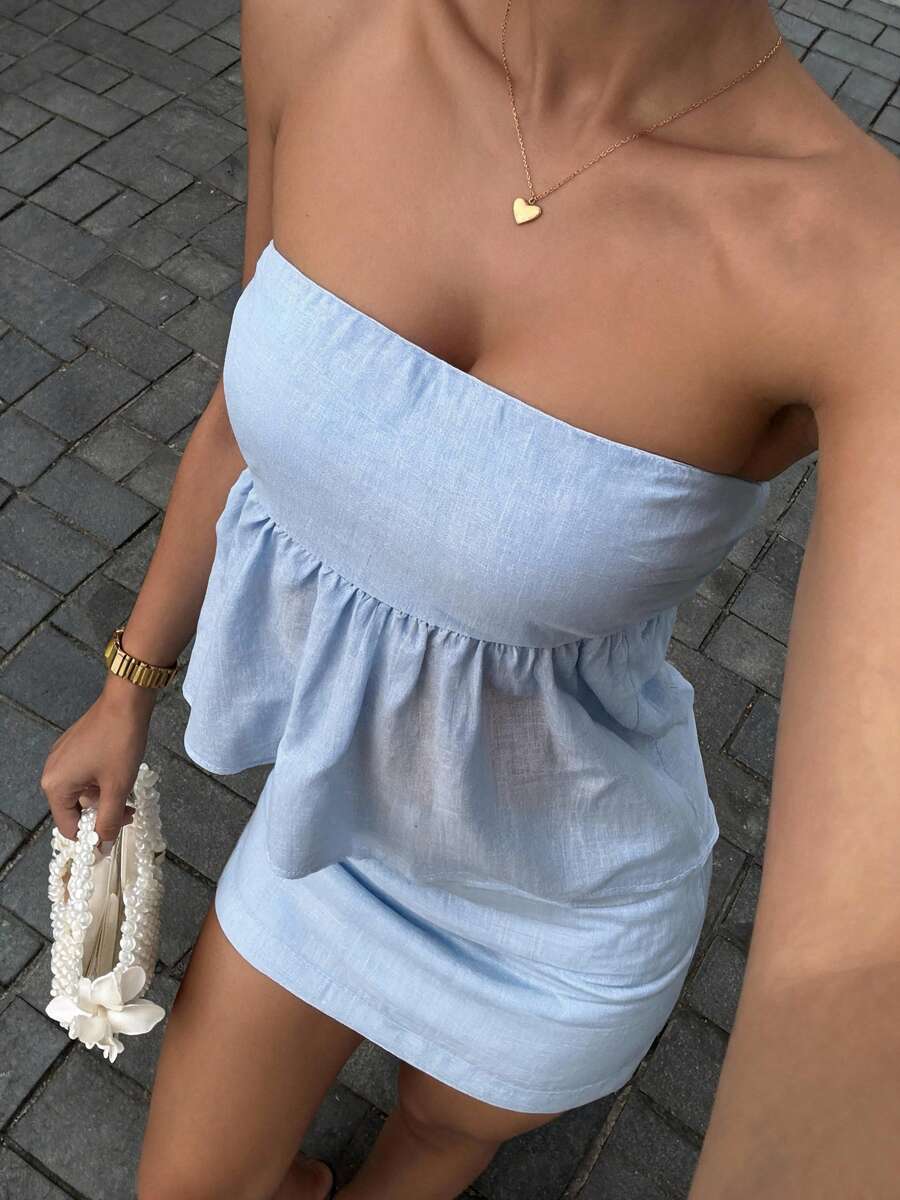 Buzzelle 女士夏季两件套,纯色性感吊带背心搭配高腰半身裙,适合海滩度假,优雅时尚。 - 藍色 - 查看 1
