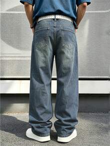 Men's Y2K Vintage Mid-Blue Distressed Ripped Loose Wide Leg Denim Jeans, Oversized Skateboard Streetwear Style - Medium Wash - View 2