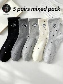 5 Pairs Assorted Women's Casual Versatile Heart Pattern Mid-Calf Socks, Comfortable Soft Cute Japanese Style - Multicolor - View 1