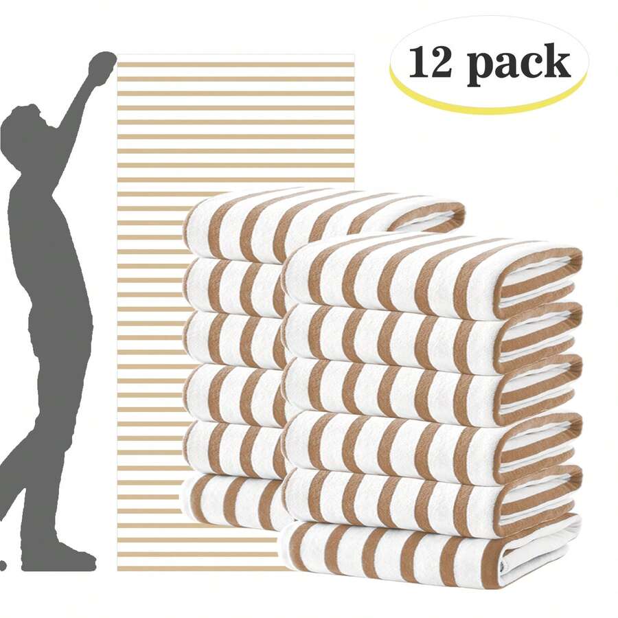 12 Pack Oversized Microfiber Bath Towels, Cabana Striped Beach Towels Set, 27x55 Inch Large Super Absorbent Quick Dry Towels, Windproof & Sunscreen, Ideal For Beach, Travel, Camping, Pool, Vacation, Summer Essential Gift For Men Women Family - 卡其色 - 查看 1