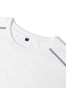 Men's Summer Contrast Color Raglan T-Shirt, Black And White Color Block Patchwork With Dropped Shoulder Design, Street Style Short Sleeve T-Shirt - White - View 6