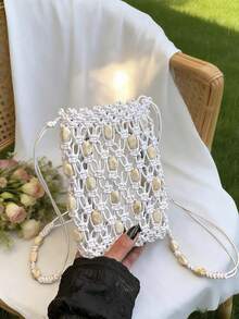 Spring New Women's Beaded Phone Bag, Highly Attractive Minimalist Woven Crossbody Bag For Vacation - White - View 9