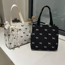 1pc/Women/Minimalist Style/Large Capacity/Fashionable Bag/Versatile Bag/Student Bag/Casual/Outing/Handheld/Commute/Lunch Box/Water-Resistant Bag/Canvas Material/Bowknot/ - View 6