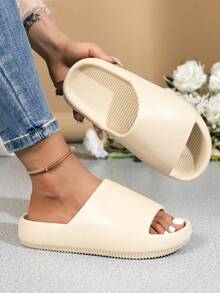 Men's Thick Sole Cushioned Slides, Suitable For Pool, Bathroom, Indoor And Outdoor, Solid Color Minimalist Couple Sandals, Summer - Khaki - View 7