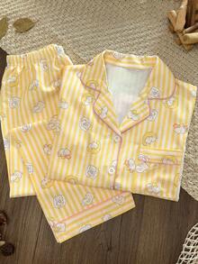 Women's Long Pants Pajama Set, Cute Cat And Moon Print Long Sleeve Button-Up Top, Soft Striped Loungewear, 2-Piece Sleepwear - Yellow - View 9
