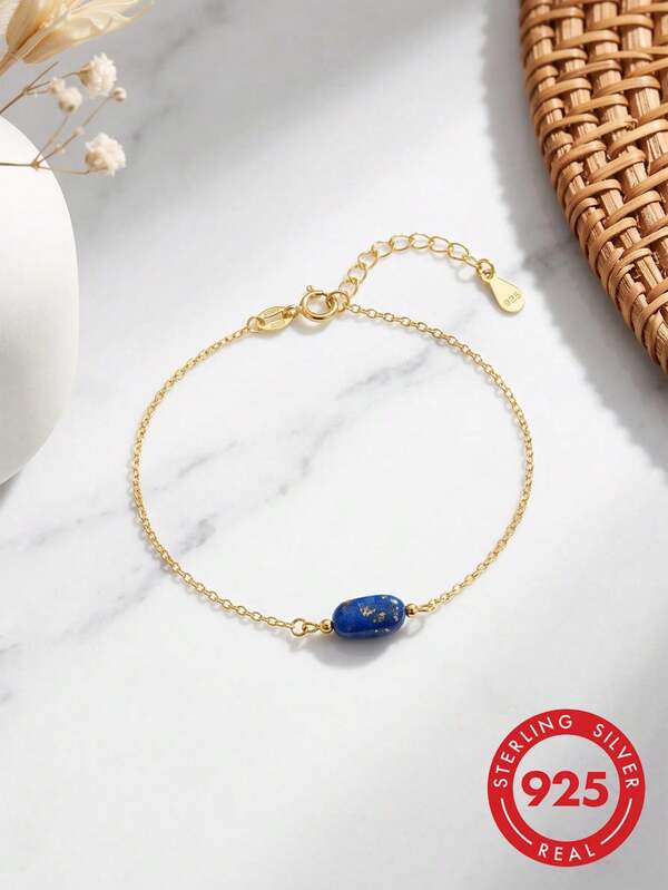 AETOLIA Pulsera de mujer de plata de ley S925 con lapislázuli irregular, con cadena O ultra brillante, perfecta para ocasiones de fiesta & viaje