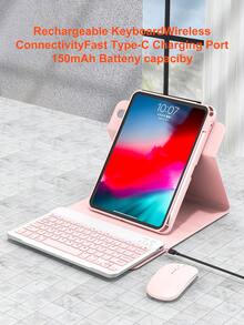 Set Keyboard dan Mouse Putar 360°, Kompatibel dengan iPad A16 Generasi ke-11/10/9/8/7/6/5, Air 10.9/11/10.5/9.7 Inci dan Pro 11 (1/2/3/4), Slot Pena Terintegrasi, Keyboard Nirkabel yang Dapat Dilepas (Baterai 150mAh), Casing Pelindung Kulit PU - Merah Muda - Paket Keyboard Putar 360 Derajat Warna Pink + Casing Pelindung + Mouse - View 4