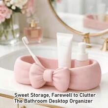 Organizador de Maquillaje con Lazo Rosa| Bonita Caja de Almacenamiento para Baño, Escritorio y Cuidado de la Piel - rosa - Ver 3