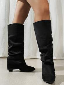 New Women's Fitted Pleated High Tube Boots, 2026 Autumn/Winter New Women's Pointed Toe Chunky Heel Outdoor Casual Fashion Long Boots, Knee-High Boots - Black - View 4