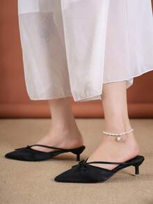Black Satin Thin Strap Bow Pointed Toe Kitten Heel Mule Slippers Women's Low Heel Commuter All-Season Shoes - Black - View 9