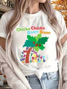 "CHICKA BOOM"Fun Printed Short-Sleeve Top,Available In Black And White,Suitable For All Seasons,Outdoor,Home,Sports,Party,Suitable For Both Vacation A - White - View 1