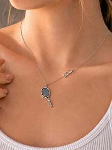 1Pc Custom Green Square Zirconia Name Necklace For Women Gold Color Stainless Steel Badminton Racket Necklace Birthday Party Jewelry Gift - Multicolor 1 - View 7