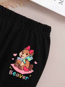 Young Girl Crew Neck Cartoon Graphic Long Sleeve Sweatshirt And Leggings Set - Pink - View 6