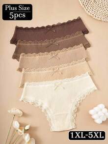 5 piezas Bragas para mujer talla grande, diseño con lazo, ribete de encaje, acanaladas, cómodas y suaves, de alta calidad en tonos tierra - Multicolor - Ver 6