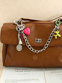Encantador colgante de bolso de dibujos animados con corazón, llavero de bádminton, perro globo, estilo maximalista, cadena de doble cierre y colgante - Plateado - Ver 4