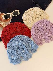 Gorro de mujer de moda hecho a mano con cuentas, pañuelo de cabeza de ganchillo calado de estilo vintage exótico para primavera/verano - Sombrero tejido - Ver 8
