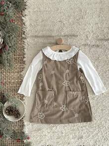 INS Toddler Baby Girl Brown Floral Embroidered Corduroy Overall Dress Spring Autumn - Maroon - View 13