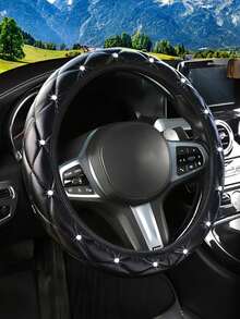 Women's Shiny Rhinestone PU Leather Car Steering Wheel Cover, Fits 14.5-15 Inch Steering Wheels, Breathable Anti-Slip All-Season Design, No Inner Ring, Easy Installation, Universal Car Interior Accessory - Style a - View 12