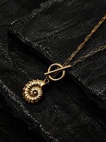1pc 18K Gold Plated Golden Stainless Steel Conch Shell Design OT Clasp Checkered Necklace - Multicolor - View 6