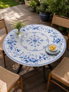 1pc Chinese Style Blue Floral Round Elastic Tablecloth, Minimalist Elegant Polyester Fitted Table Cover With Blue And White Porcelain Peony Print, Suitable For Dining Room, Kitchen, Patio, Autumn Decor, Wedding Decor, Room Decor And Home Decor - Multicolor - View 2