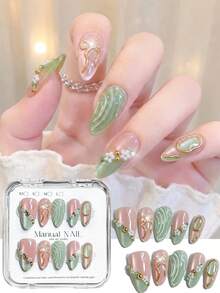 10pcs Pink Green Cat Eye Ombre Fake Nails With 3D Gold Bow, Small Flower Bead Inlay, Water Ripple Texture Press On Nails,Reusable Almond Shaped False Nails For Summer Wedding Daily Manicure - Multicolor - View 7