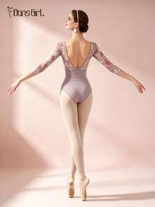 DonsGirl 1pc Women's 3/4 Sleeve Floral Mesh Patchwork Ballet Leotard, Boat Neck Deep V Back Slim Fit Jumpsuit, Suitable For Ballet Class, Rhythmic Gymnastics And Stage Performance - 淺灰紫 - 查看 9