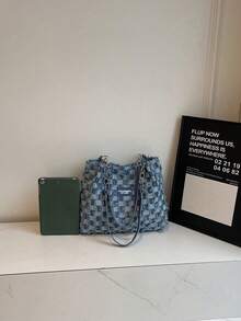 Fashion Striped Large Capacity Chain Zipper Tote - Daily Commute Shoulder Bag For Girls, Students, Office. - Blue - View 6