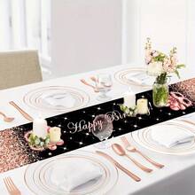 Rose Gold Balloon Theme Birthday Table Runner - 70.8" X 13.8" Polyester Fabric, Heat Transfer Print Design, Suitable For Elegant Celebrations - Multicolor - View 3