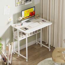 Folding Table With Wheels - Home Office Desk - 80x58x75cm - Folding Computer Desk With Bookshelf - Portable Mobile Workstation - Suitable For Small Spaces - White - View 5