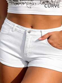 Shorts de mezclilla blanca talla grande, diseño con botones y bolsillos, tela elástica, adecuado para salidas diarias - Blanco - Ver 7
