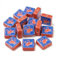5pcs Crab Print Square Decorative Beads, Dual-Color Orange & Blue Ocean Animal Pattern Rectangular Beads, Suitable For DIY Summer Beach Bracelets, Necklaces, Earrings And Other Jewelry Making Materials - Multicolor - View 1