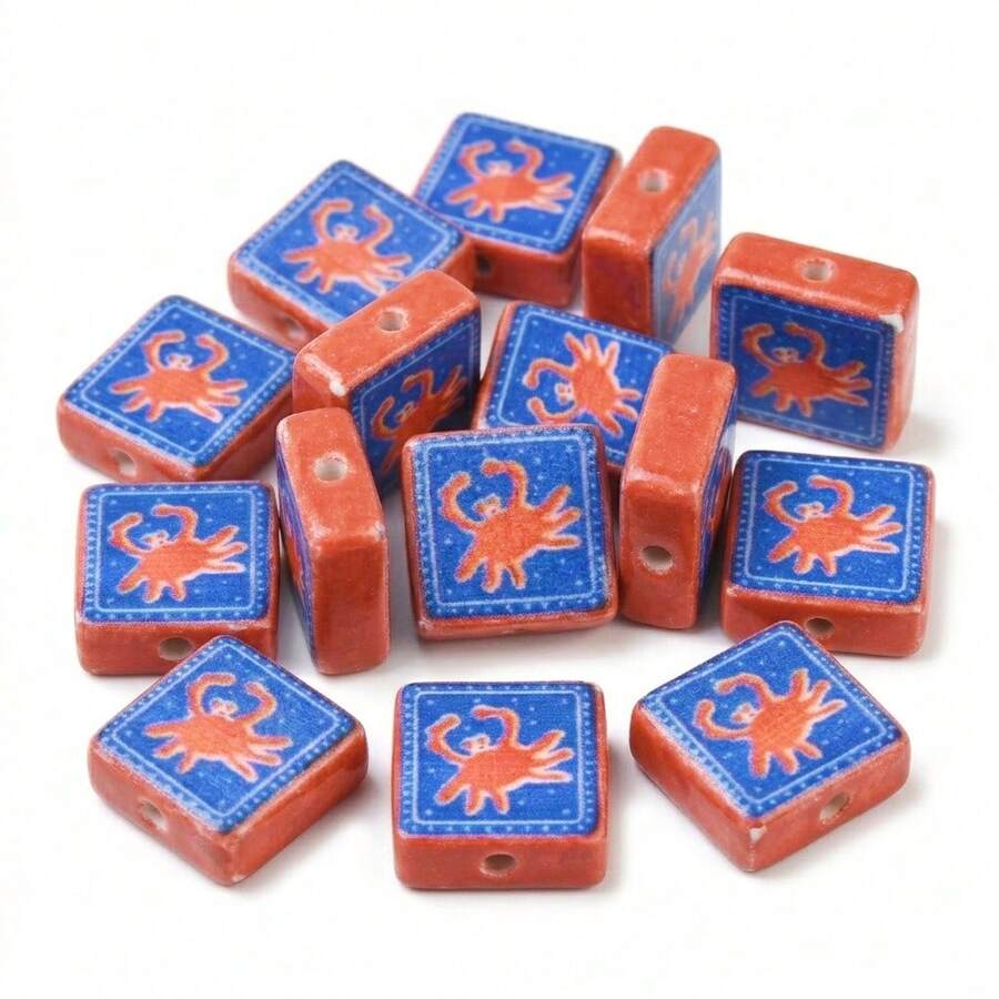 5pcs Crab Print Square Decorative Beads, Dual-Color Orange & Blue Ocean Animal Pattern Rectangular Beads, Suitable For DIY Summer Beach Bracelets, Necklaces, Earrings And Other Jewelry Making Materials - Multicolor - View 1