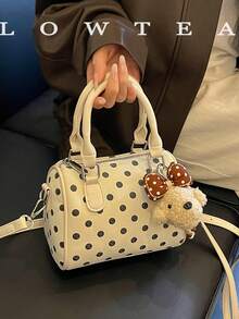 Low Tea 1pc Polka Dot PU Fabric Handbag, Women's Vintage Fashion Bowling Bag, Top Double Handle Design, Zipper Closure, Shoulder Strap For Shoulder, Crossbody, Hand Carry, Suitable For Commuting, Outdoor, Travel, Outing (With Pendant) - Black and White - View 10