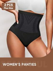 2 piezas Leggings moldeadores de talla grande para mujer, cintura alta, control de abdomen, sin costuras, pantalones adelgazantes de unicolor - Negro - Ver 4