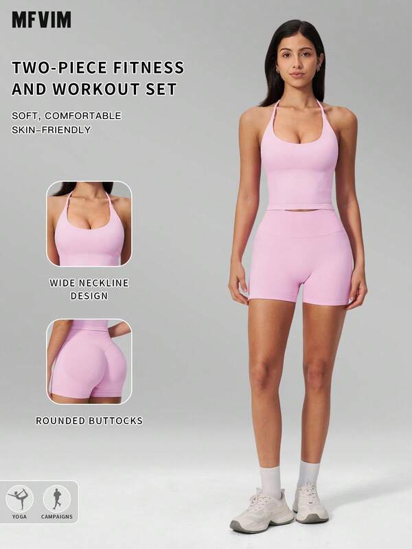 MFVIM Women's Seamless Yoga Halter Neck Backless Tight-Fitting Outdoor Running Fitness Versatile 2 Pieces Set, Suitable For Daily Commute, Outdoor, Sports, Travel, City Stroll And Various Occasions