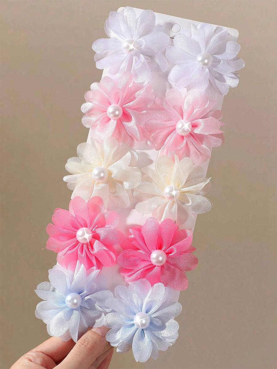 10入女童仿真布藝3D多瓣花朵髮夾,甜美不傷髮可愛百搭花卉髮飾,適用額前與披肩髮,日常佩戴 - 彩色 - 查看 1